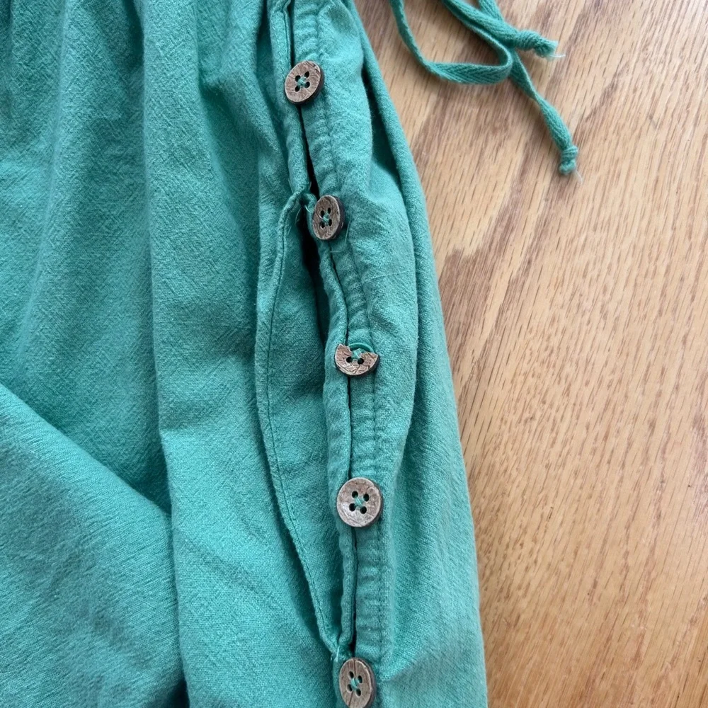 Free People Green Cotton Sundress Women’s Small Ruffle Strap‎ Button Side Boho